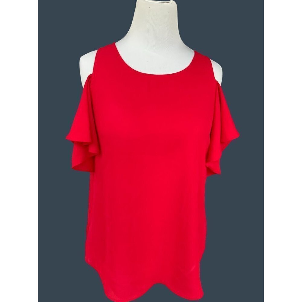 BCX LADIES SLEEVELESS KEYHOLE SLEEVE RUFFLE SOLID RED TOP TUNIC BLOUSE EUC SMALL